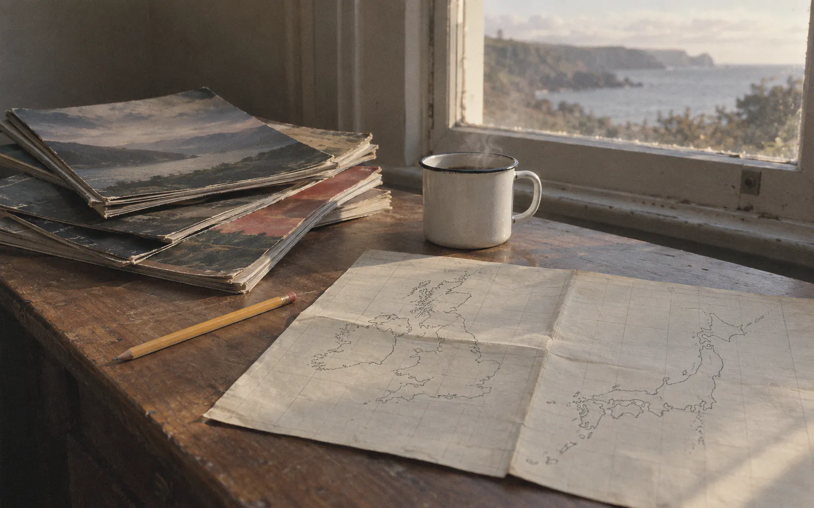 Illustration of a wooden desk by a window with worn magazines, an enamel mug and a hand-drawn chart of the British and Japanese coastlines