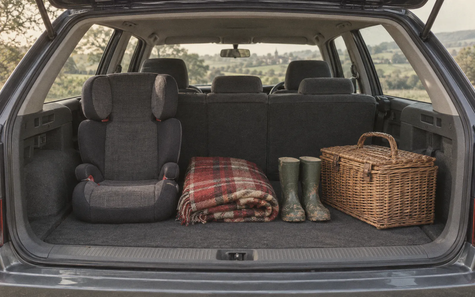 Illustration of an open car boot holding a child’s booster seat, a picnic blanket, small wellington boots and a hamper