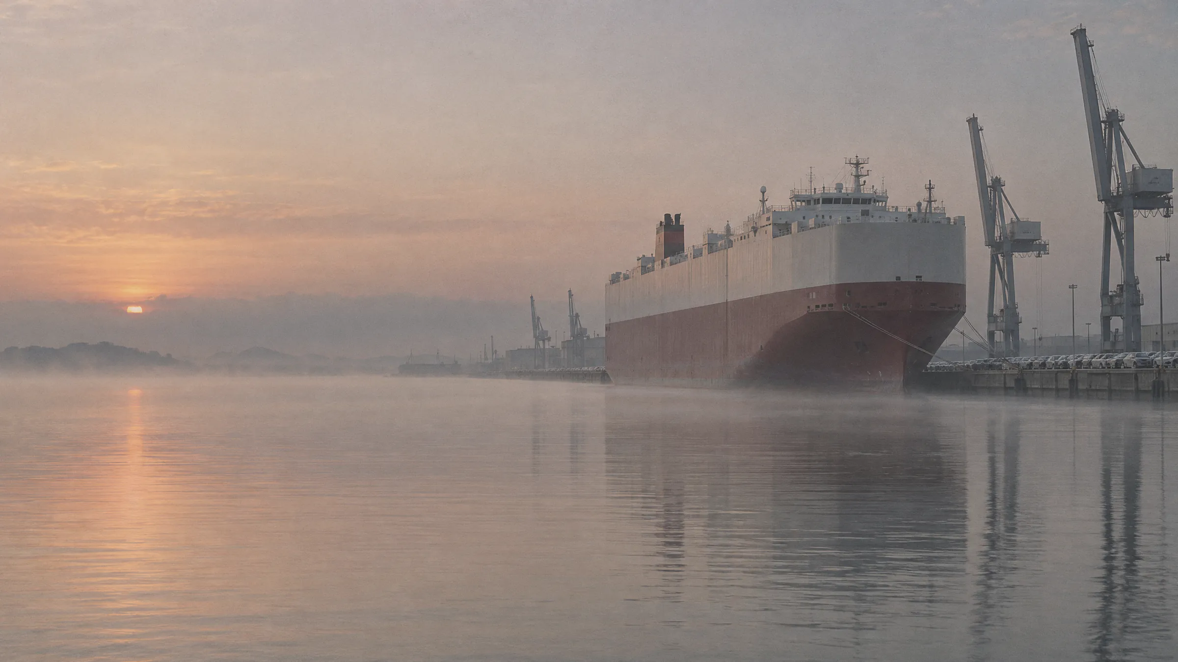 Illustration of a car carrier ship moored at a misty harbour at dawn, with cranes behind it