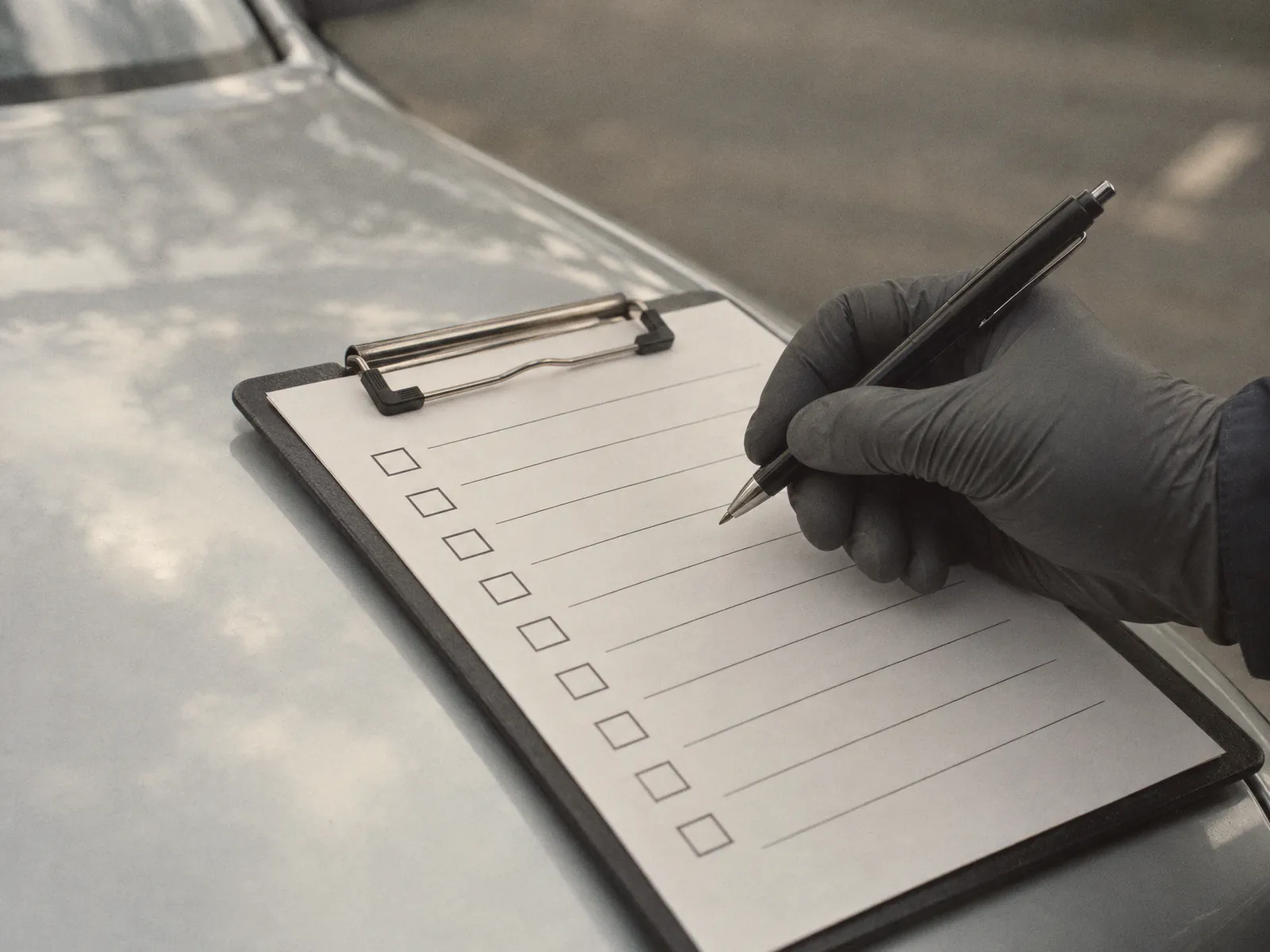 Illustration of a gloved hand holding a pen over an inspection checklist on a silver car bonnet