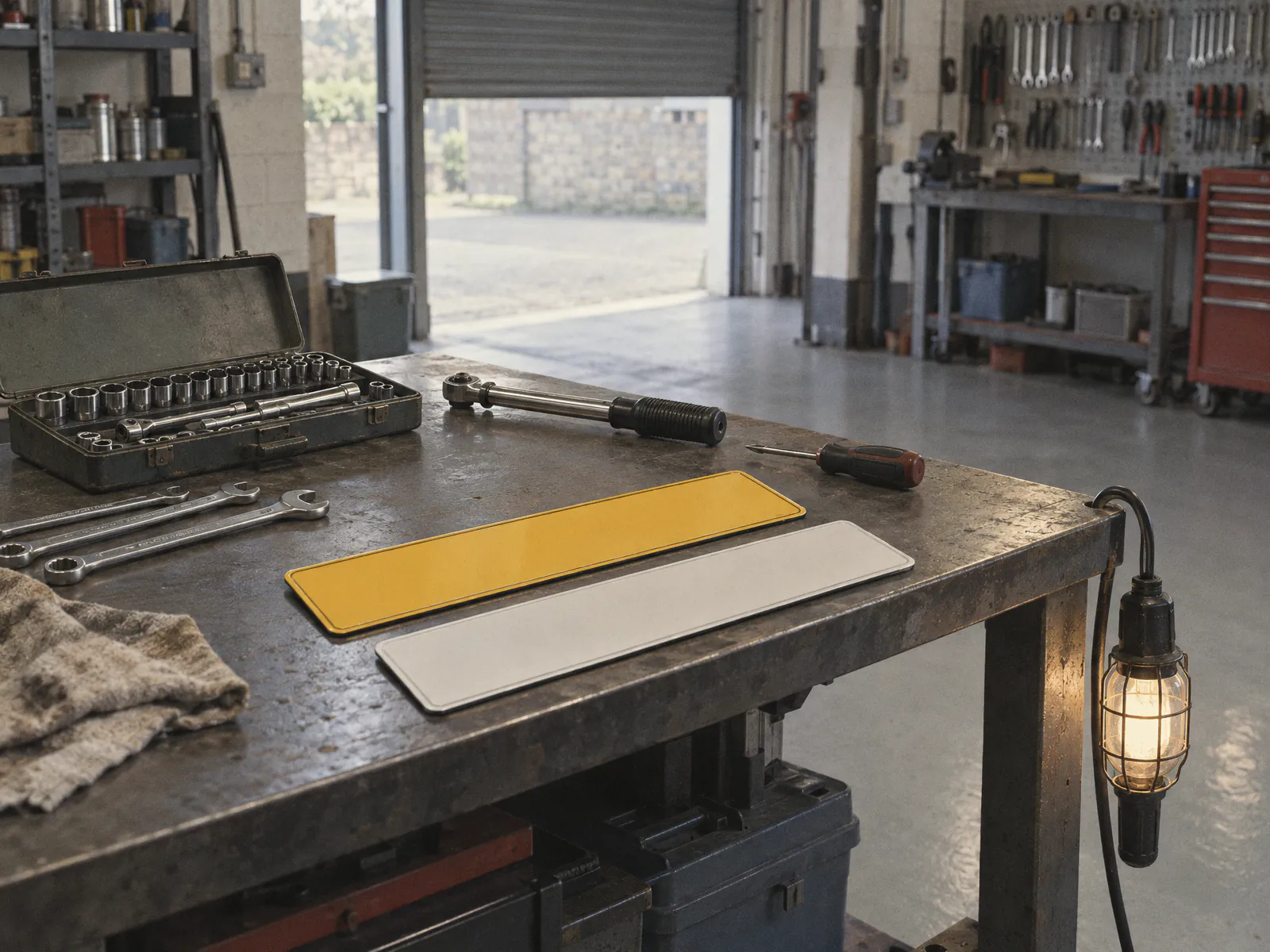 Illustration of a workshop bench with spanners, a torque wrench, blank yellow and white number plates and an inspection lamp