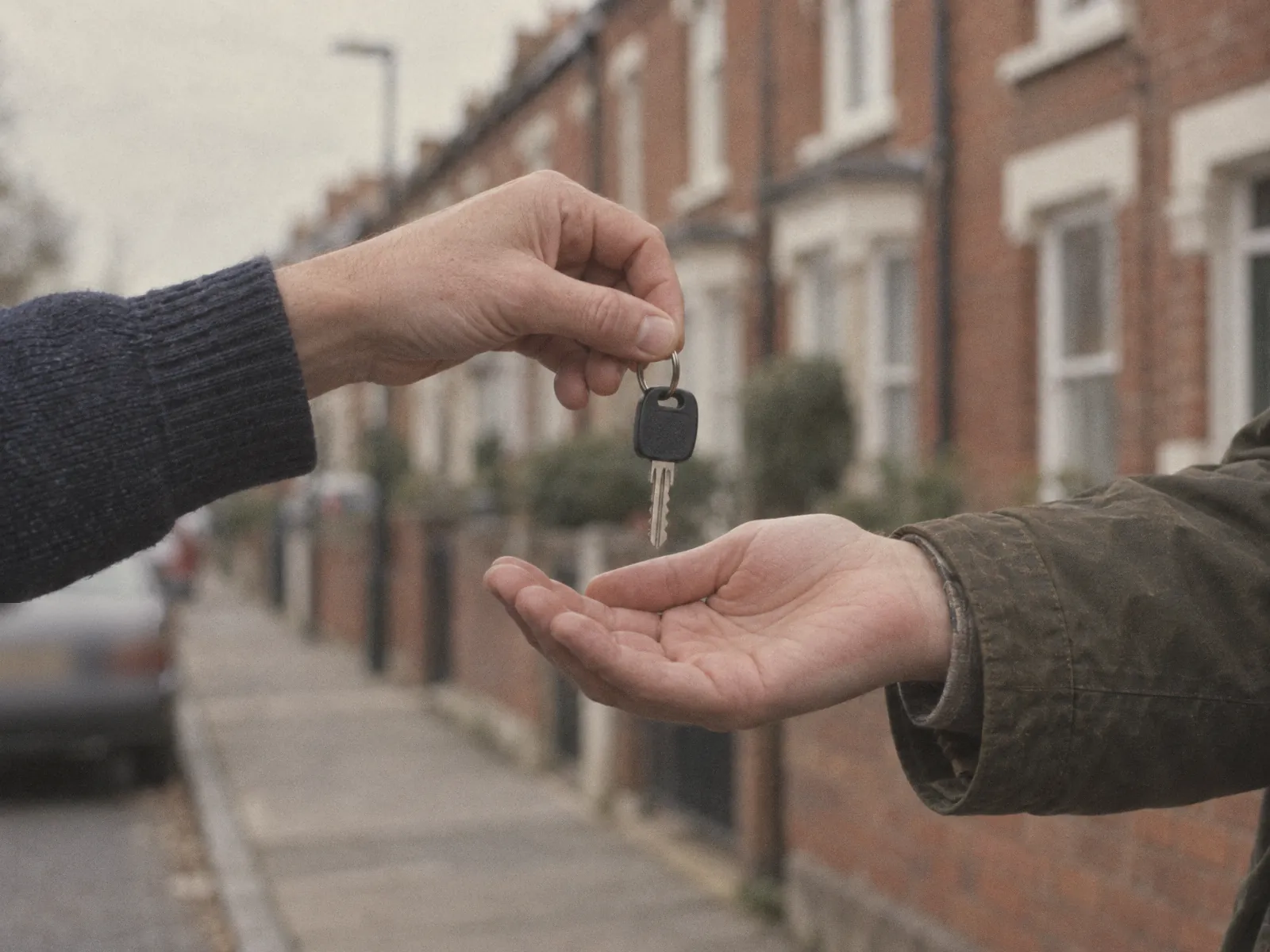 Illustration of one hand passing a car key into another person’s open palm on a red-brick terraced street